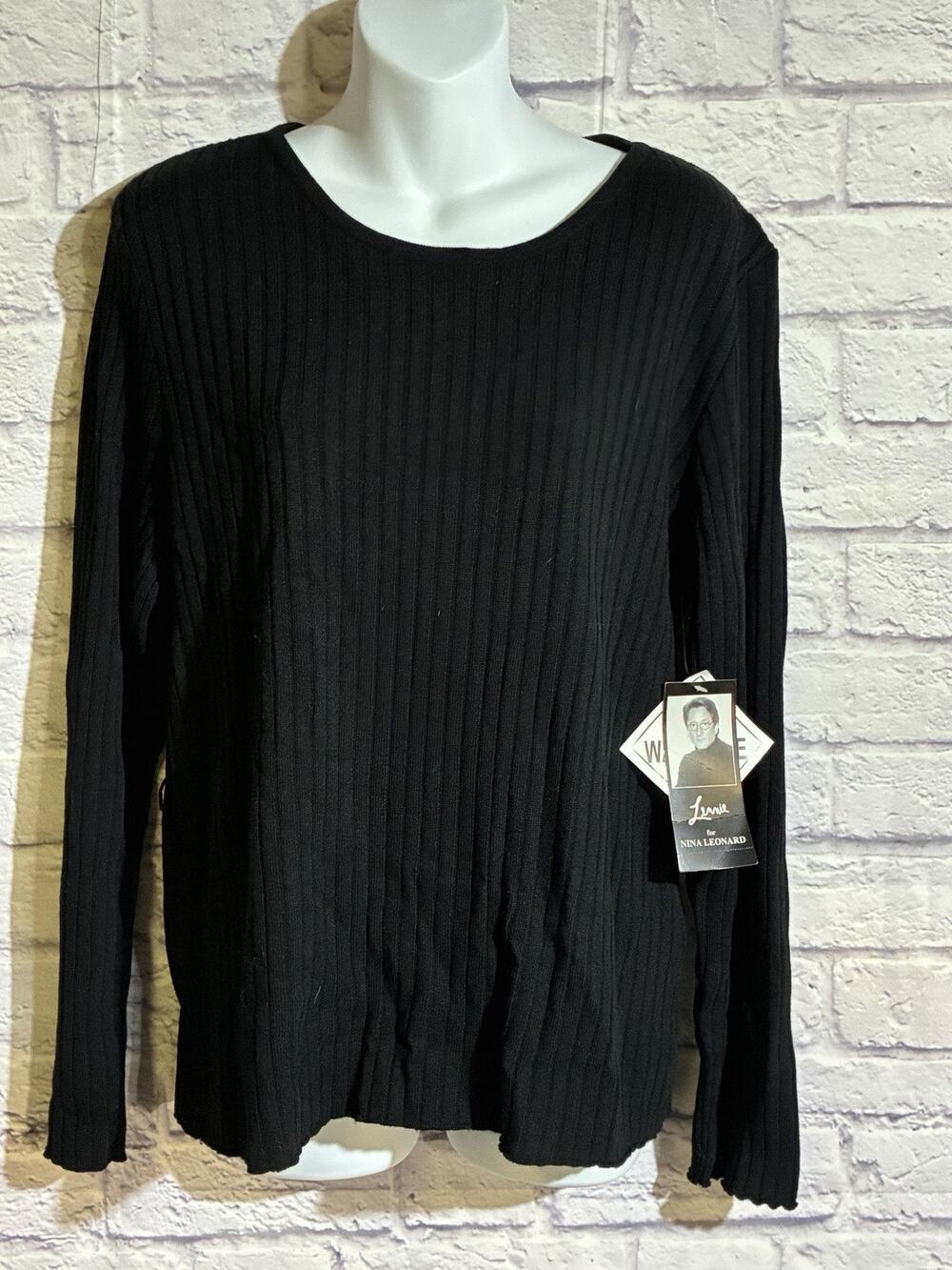 Lennie for Nina Leonard Black Ribbed Knit Top Womens XL NWT Long Sleeve